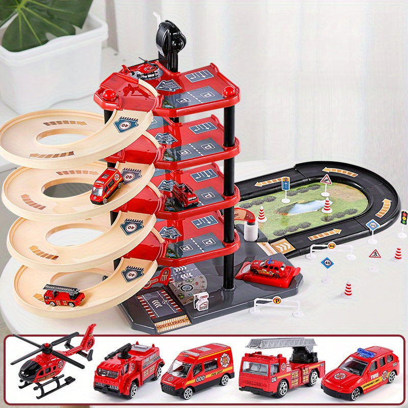 FirePark Garage Playset - Multi-Level with Fire Trucks and Traffic Signs