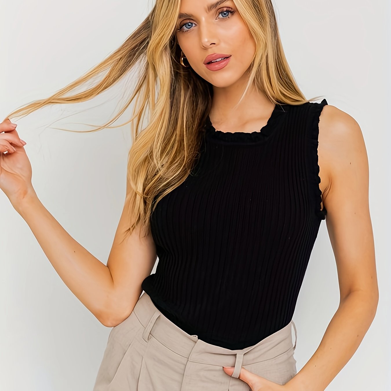 Elegant Sleeveless Top with Shimmering Stripes & Checkered Edges
