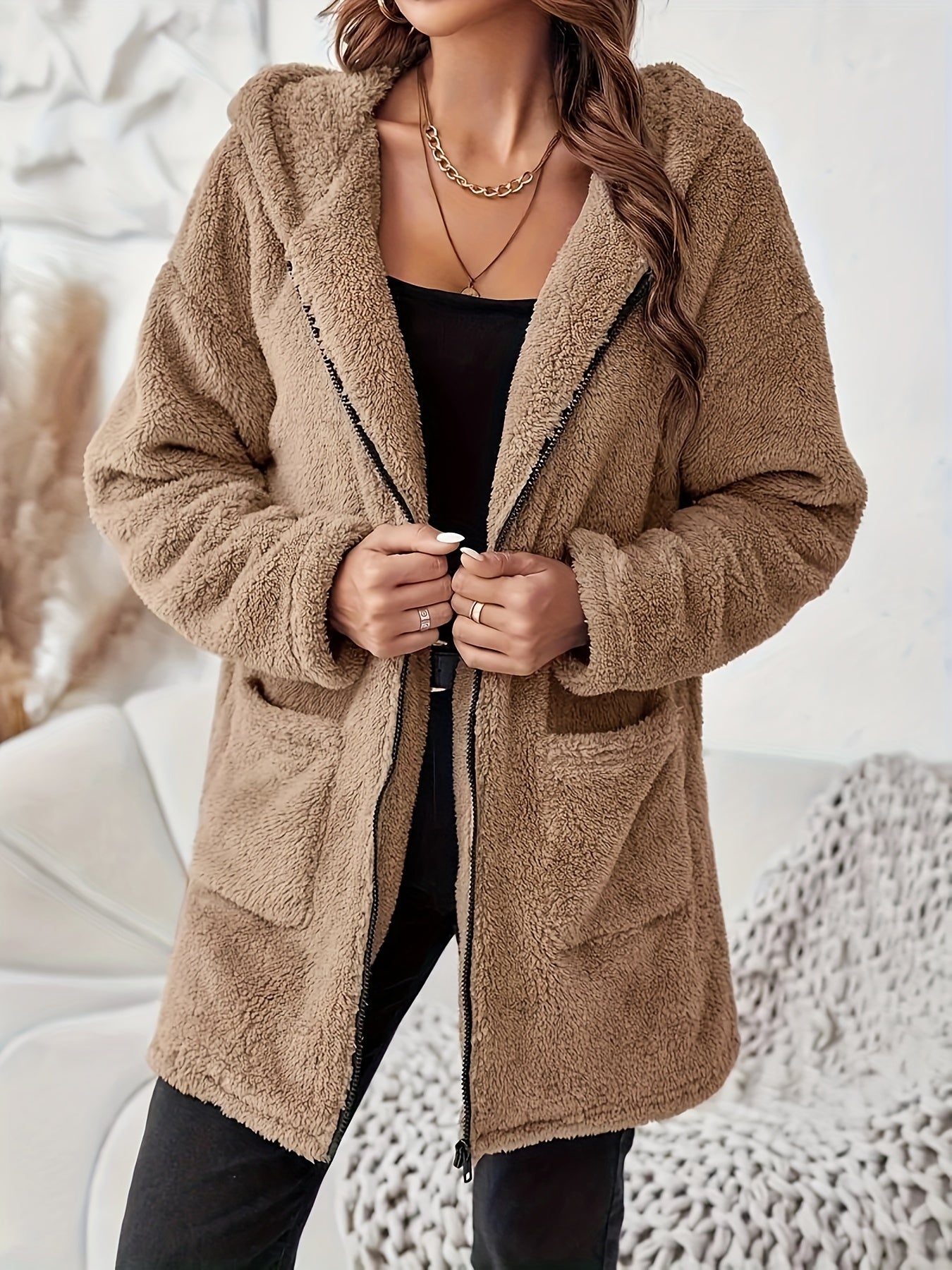 Soft Plush Winter Jacket with Zipper and Patch Pockets - Warm and Comfortable Jacket for Cold Days