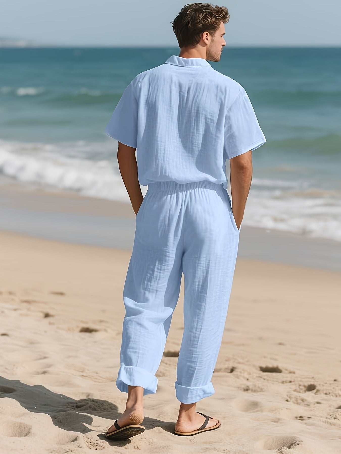 Men's Casual Linen Set – Comfortable and Breezy with Long Pants and Short Sleeves