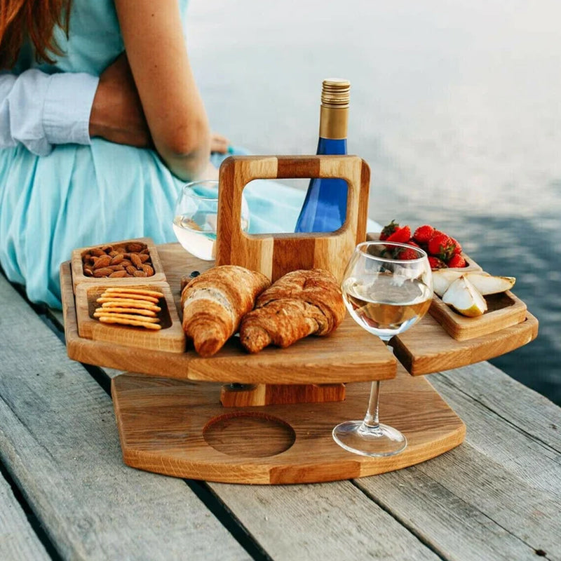 Elegant Oak Picnic Wine Table – Compact & Versatile