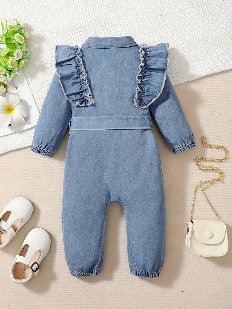 Denim Dreamcatcher Romper for Children – Playful Ruffles and Edgy Details