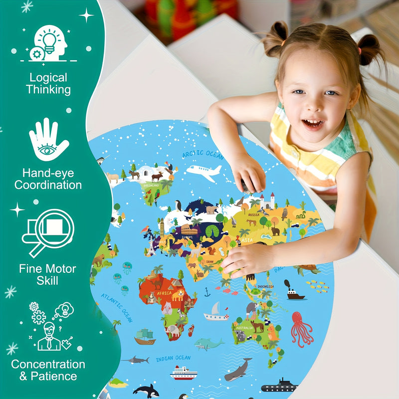 70-Piece Animal Floor Puzzle – Round World Map Design for Kids