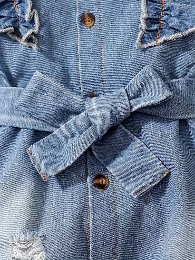 Denim Dreamcatcher Romper for Children – Playful Ruffles and Edgy Details