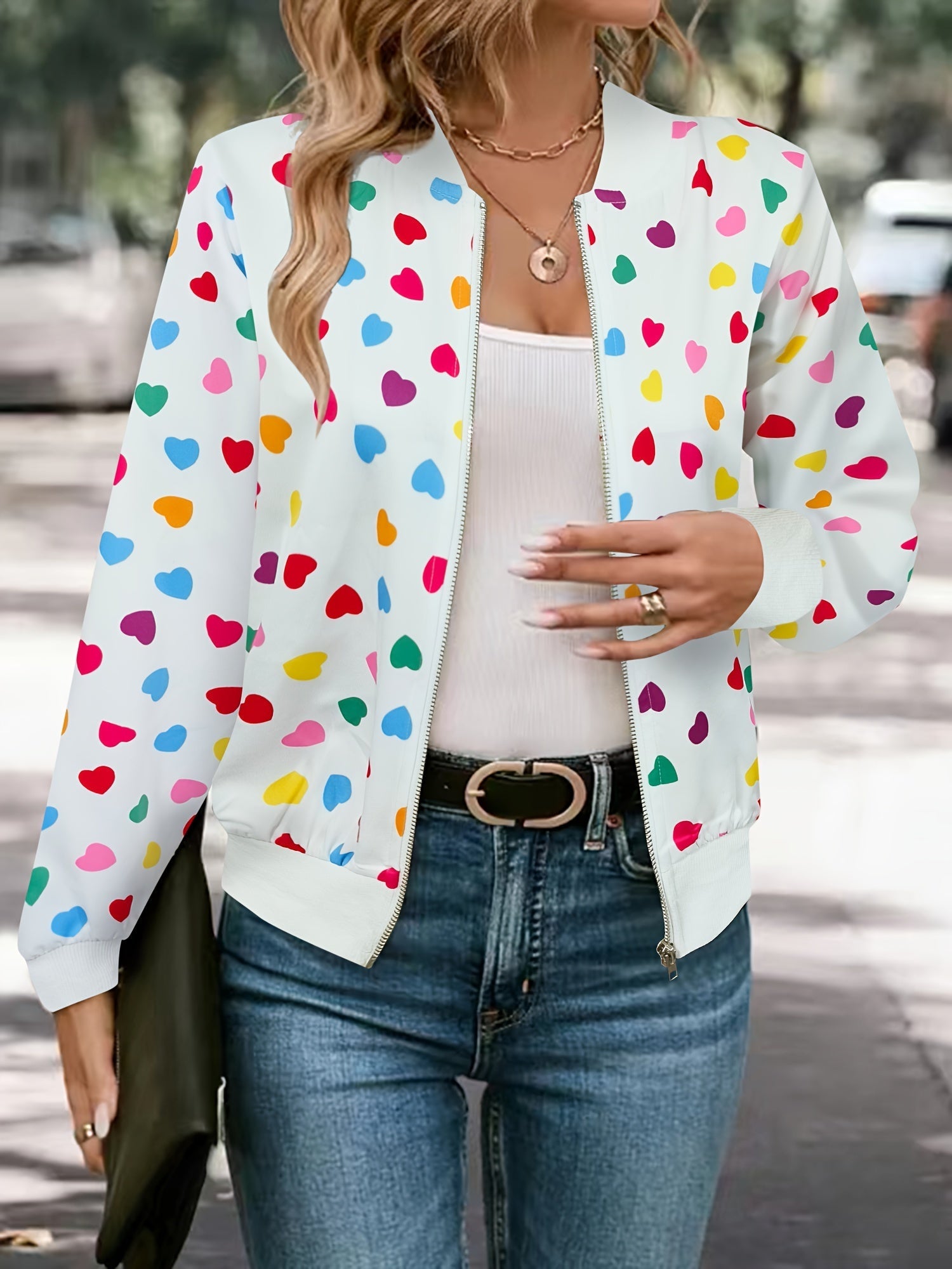 Joyful Hearts Bomber Jacket – Stylish and Comfortable Zip-up Jacket for Spring and Autumn