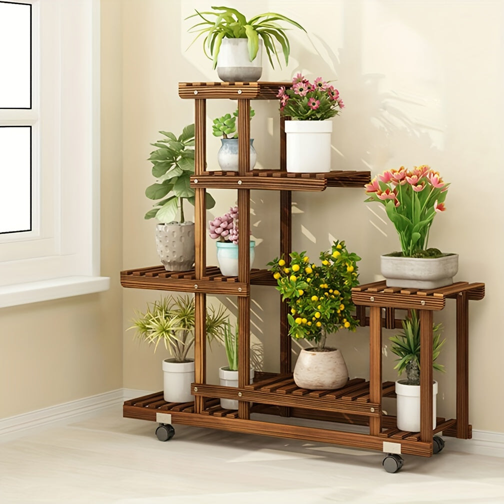 Robust 6-Tier Wooden Plant Stand – Carbonized Treatment