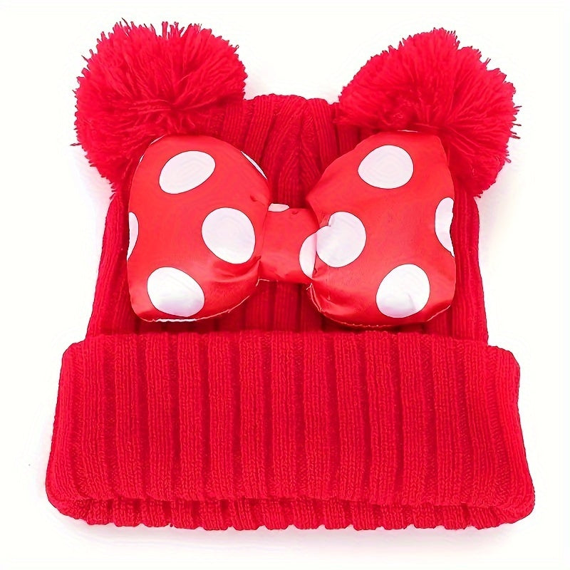 Sanne Cute Minnie Hat for Children - Knitted Beanie with Bow and Pom Poms