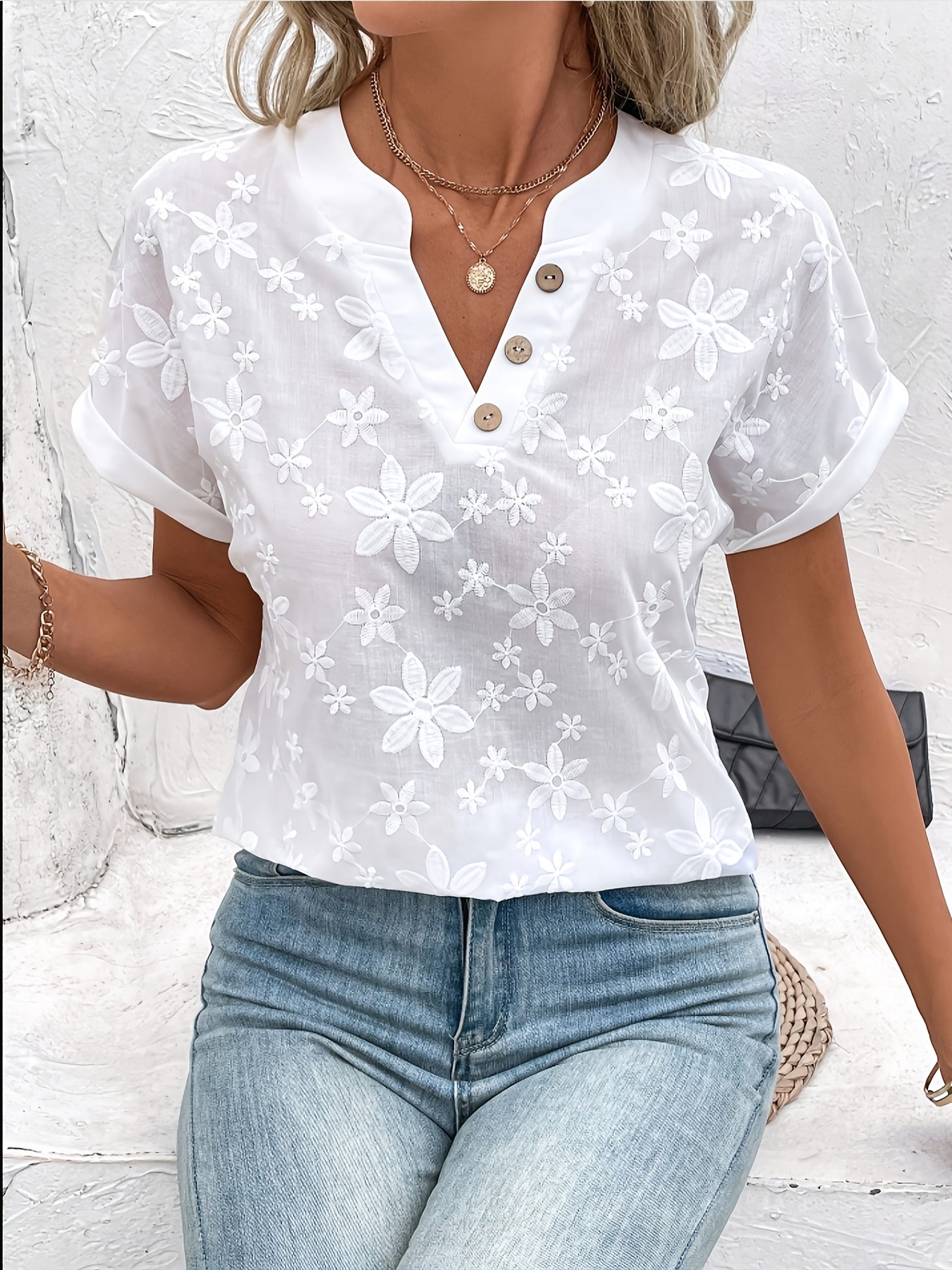 Ladies Loose Summer Shirt - Floral Print and Batwing Sleeve