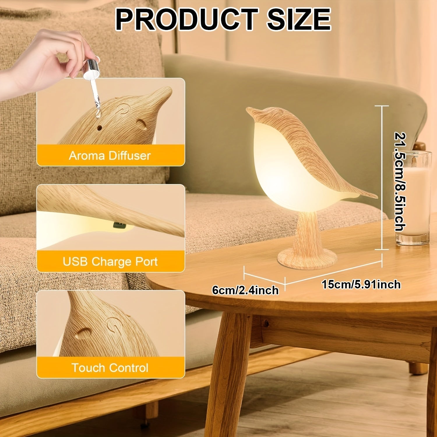 LED Bird Lamp with Aroma Diffuser – USB Rechargeable Night Light and Reading Lamp with 3 Color Temperatures