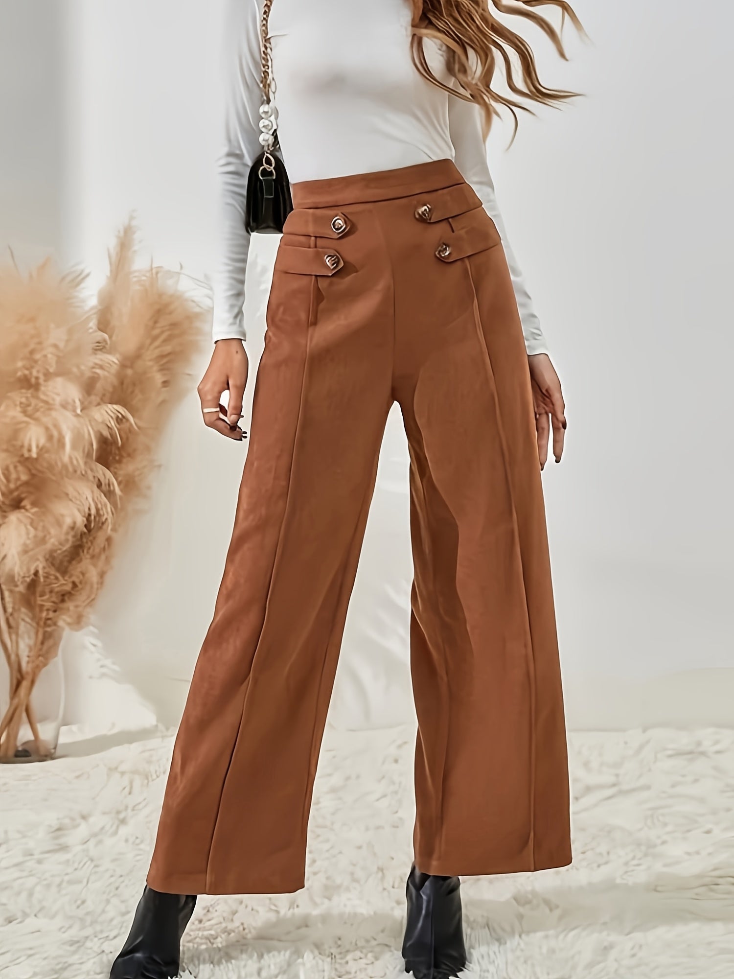 Elegant High Waist Trouser with Button Detail – Women's Wide Leg Pants for Spring and Autumn