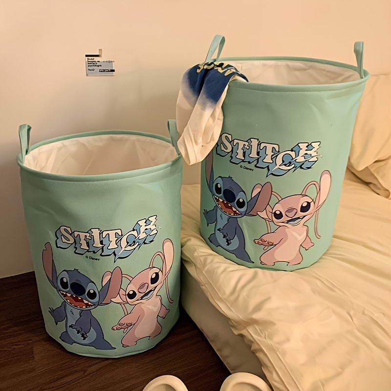 Stitch-Themed Foldable Laundry Basket - Spacious Polyester Organizer with Handles
