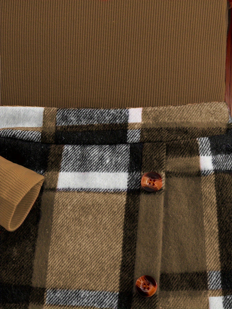 Feline Elegant Turtleneck Outfit for Kids - Checkered Skirt and Sweater Set