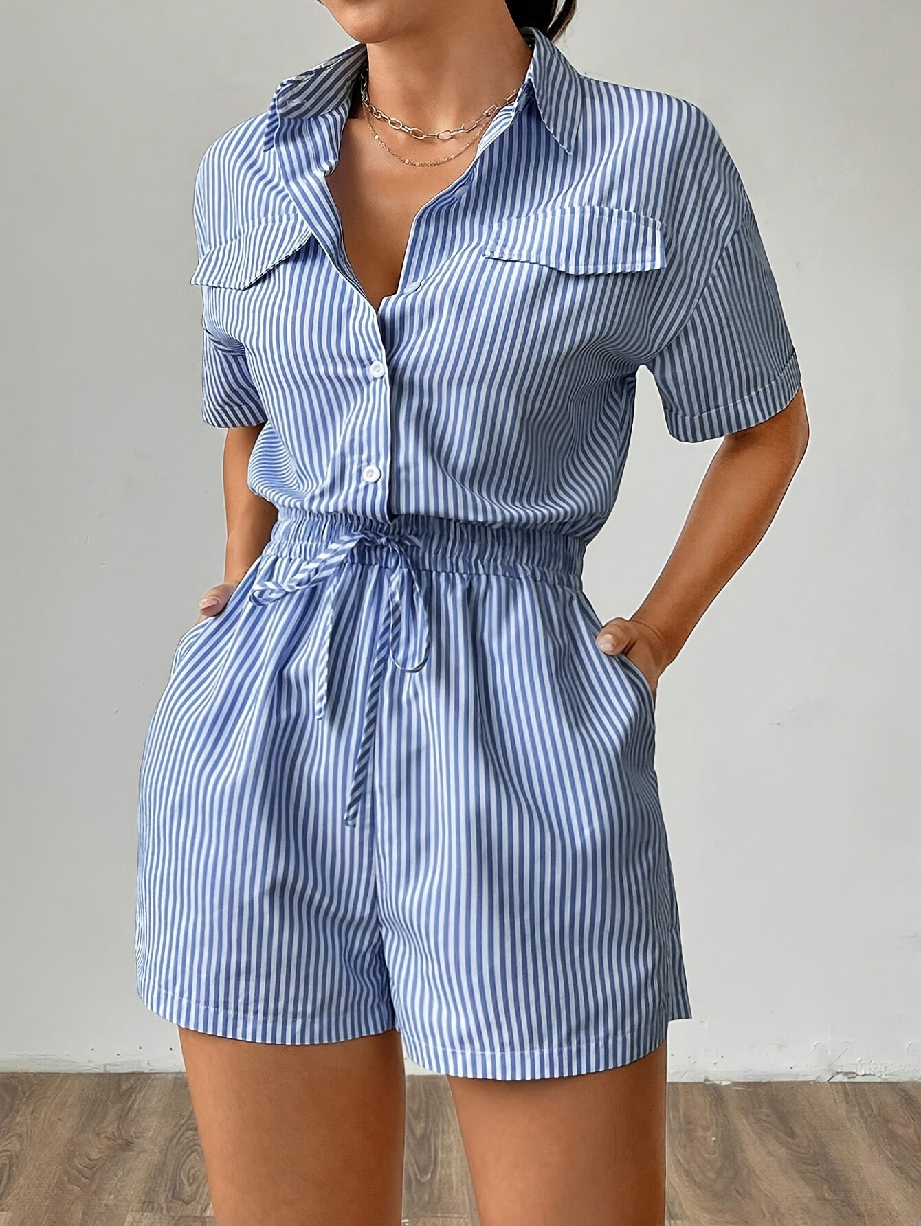 Striped Polyester Jumpsuit for Women – Short Sleeves and Collar for Summer Outfits