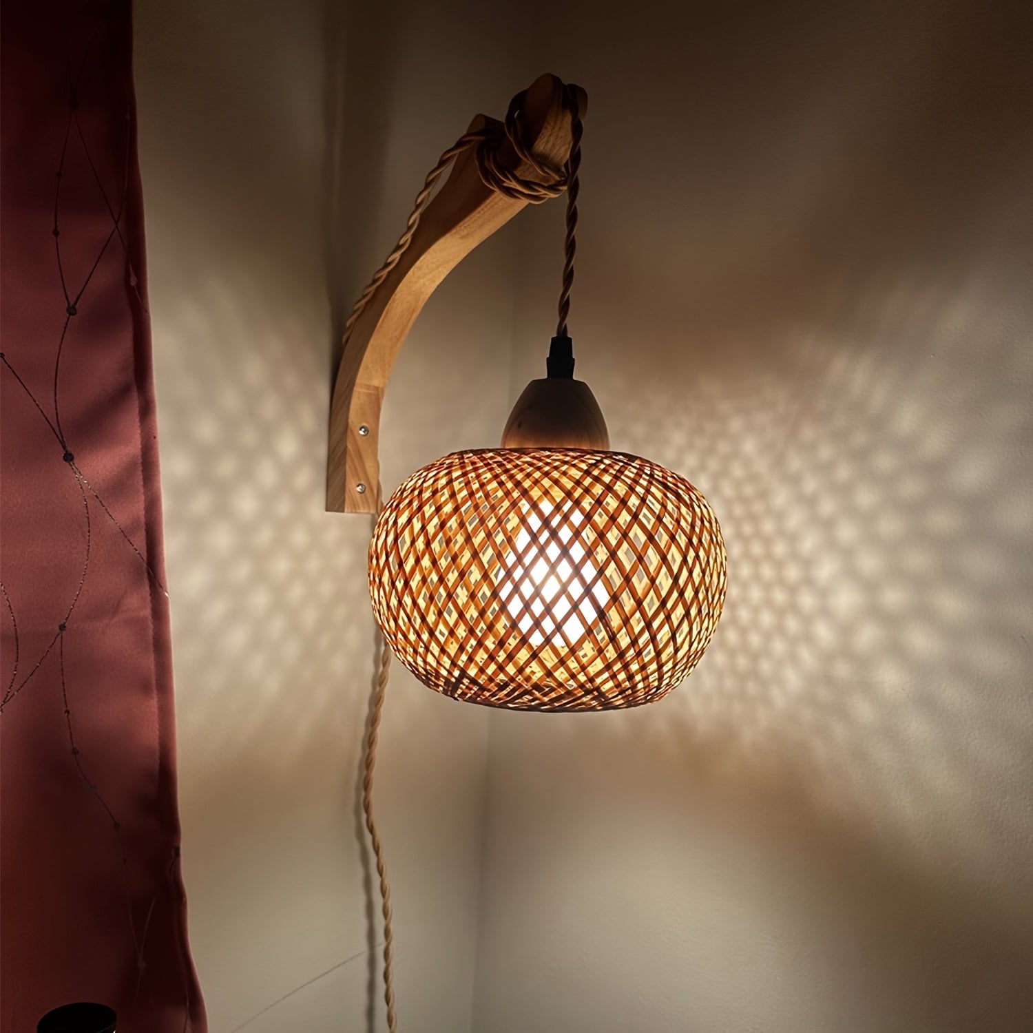 Rustic Bamboo Wall Lamp – Woven Shade with Plug-In Vintage Style