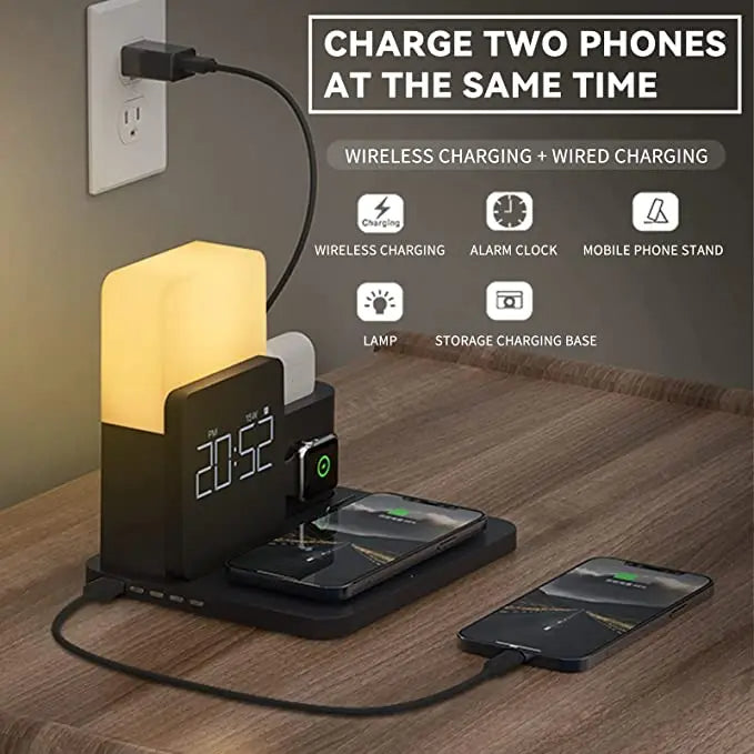 Multi-Function Wireless Charging Station – Lamp and Alarm Clock Included