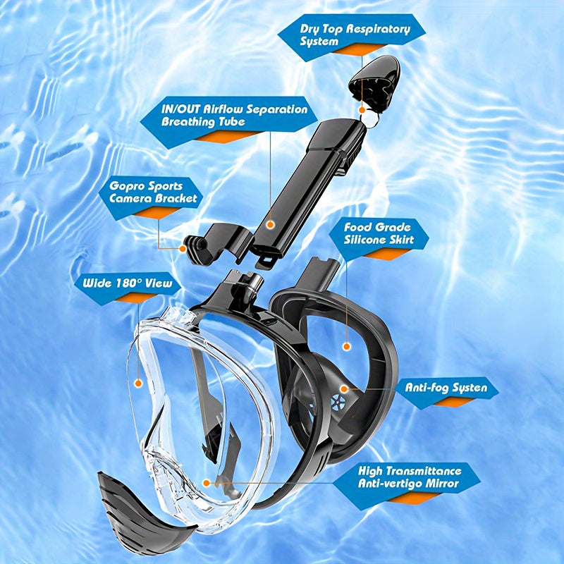 Full Face Snorkel Mask – 180° Panoramic View and Camera Mount for Perfect Underwater Experience