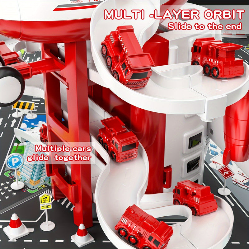 AdventurePlay Airplane & Fire Truck Playset - Race Track and Garage for Kids