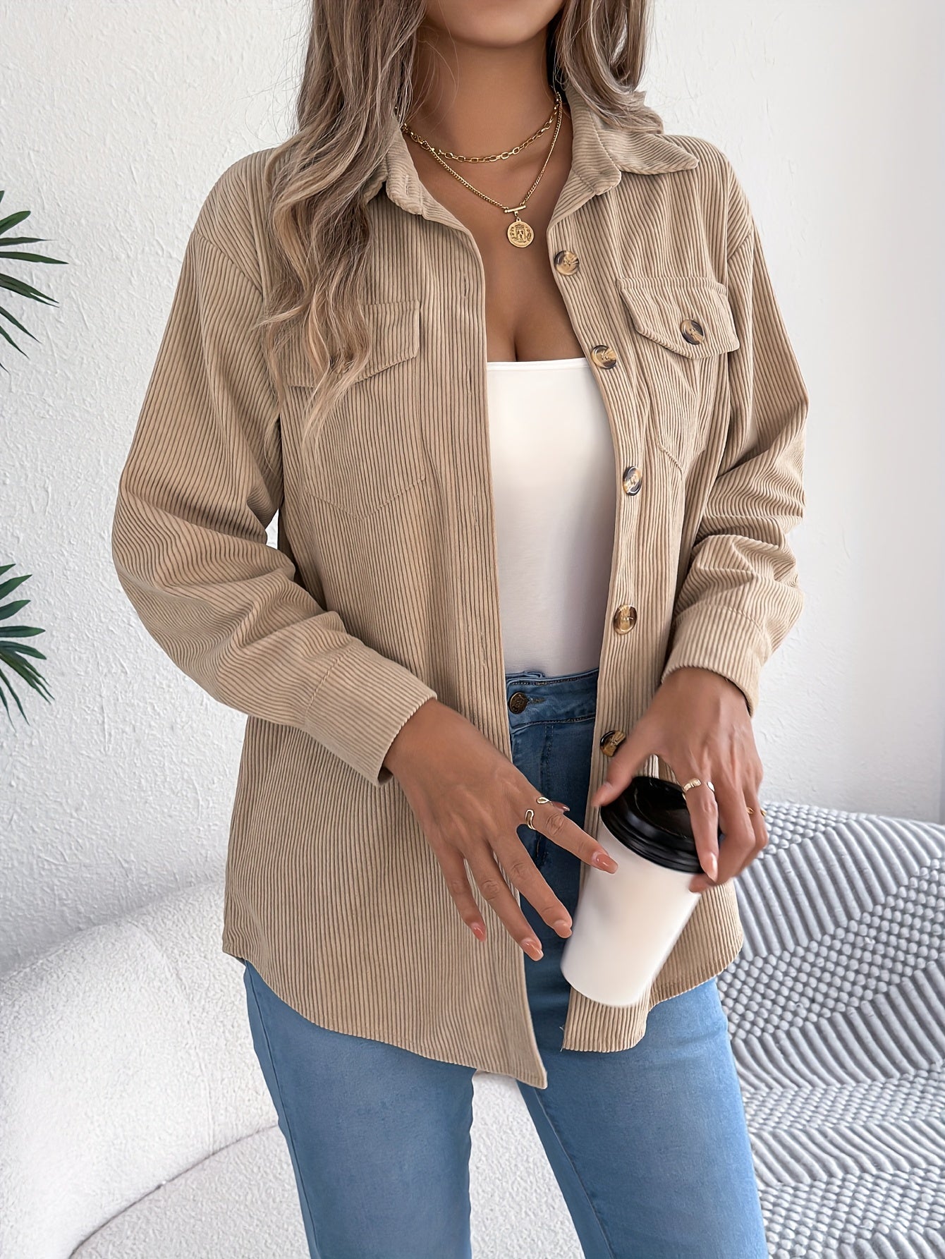 Casual Corduroy Jacket for Women – Long Sleeves and Classic Collar, Perfect for Fall and Winter