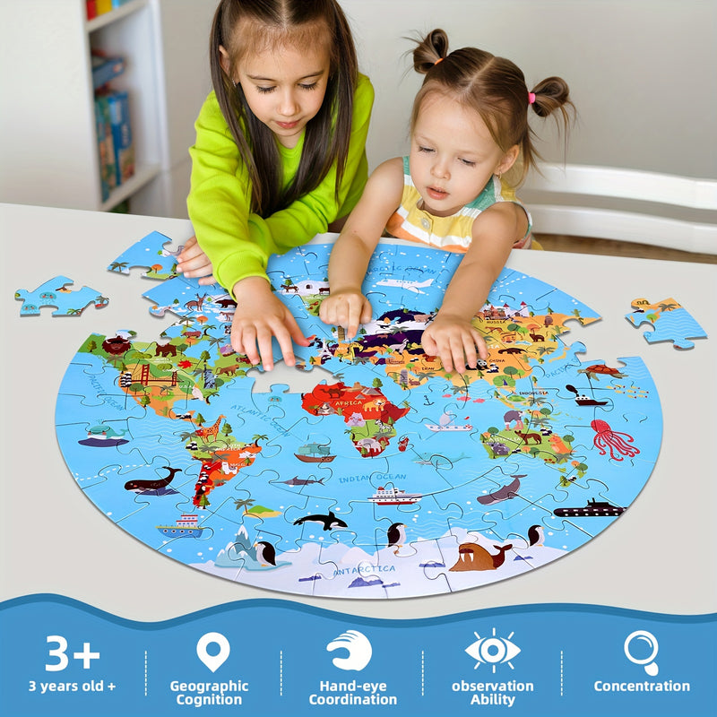 70-Piece Animal Floor Puzzle – Round World Map Design for Kids