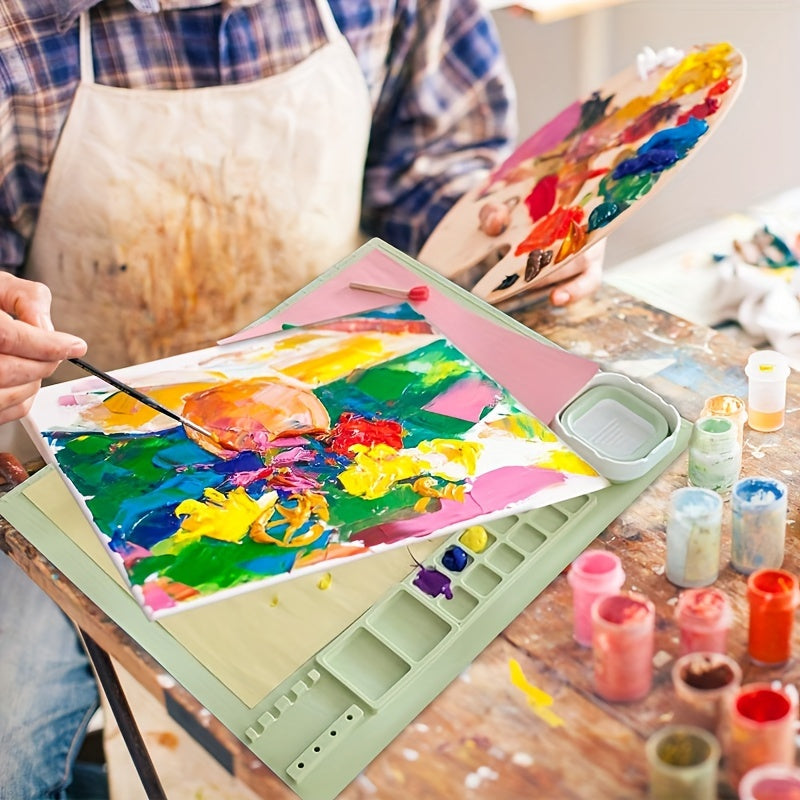 Silicone Painting Mat with Palette and Brush Holder – Durable and Flexible