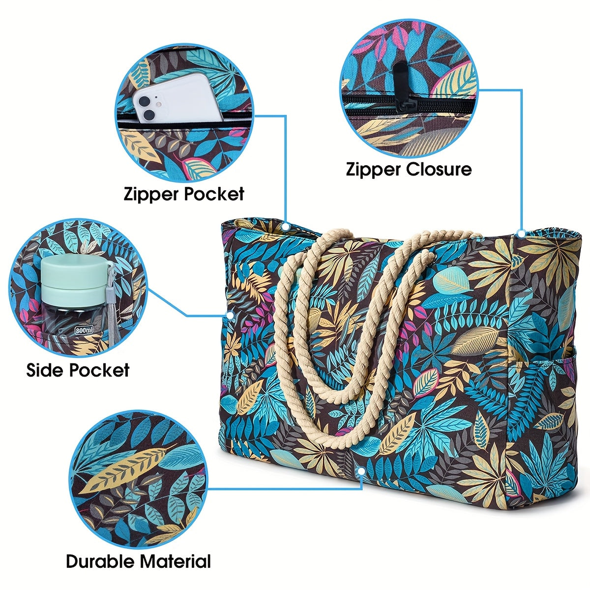 Trendy Large Beach Bag with Leaf Print - Spacious, Durable, and Perfect for Vacation