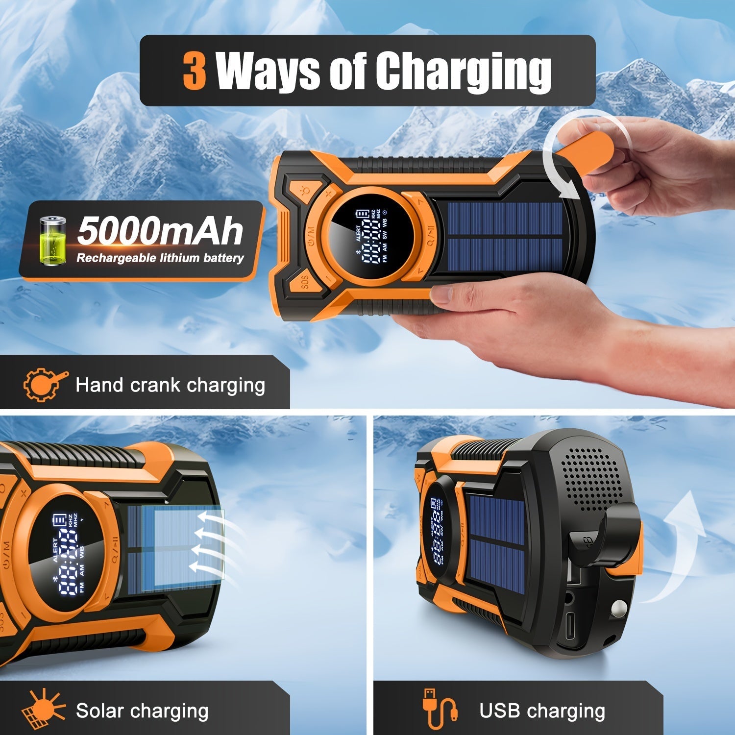 All-in-One Emergency Radio with Hand Crank and Solar Panel – For Camping and Emergency Situations