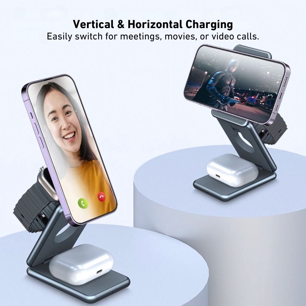 3-in-1 Foldable Wireless Charging Station – Travel-Friendly Charger for Apple Devices