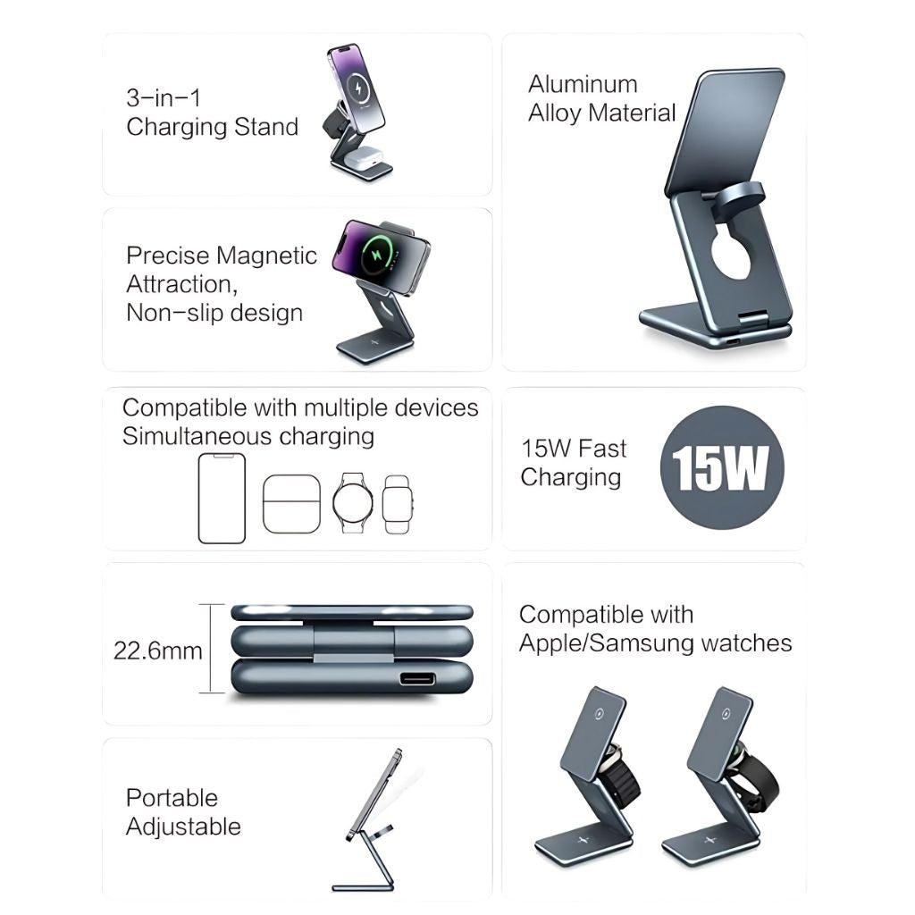 3-in-1 Foldable Wireless Charging Station – Travel-Friendly Charger for Apple Devices