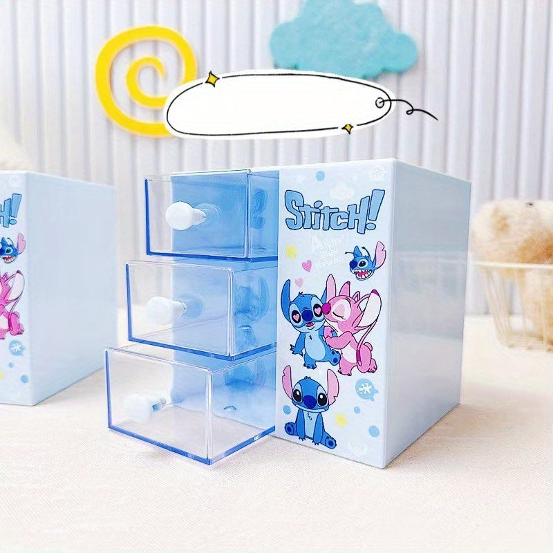 Disney Stitch Cartoon 3-Compartment Storage Box – Multifunctional Organizer for Desk, Jewelry, and Toys