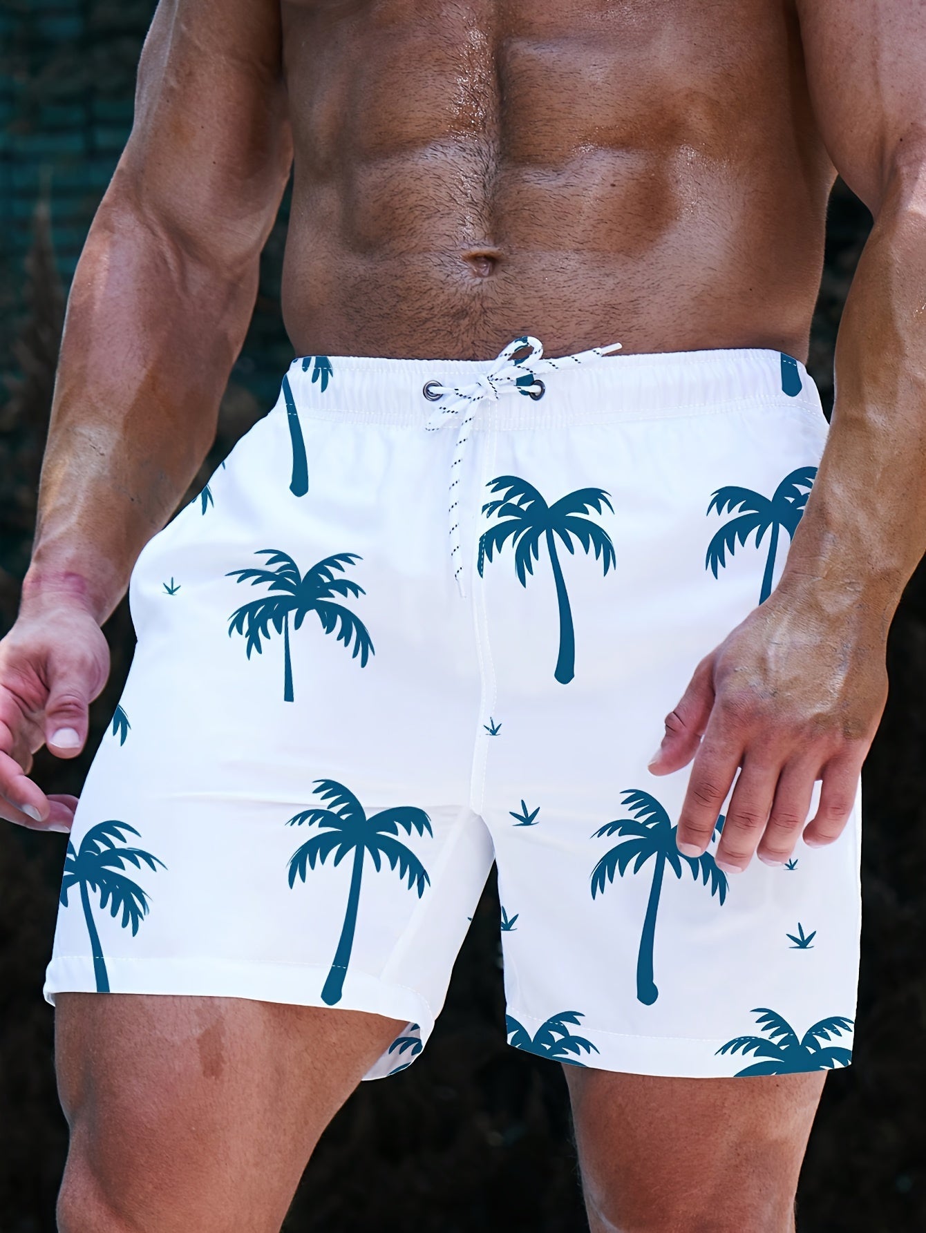 Summer Men's Swim Shorts – Quick-Drying with Palm Tree Print and Elastic Waistband
