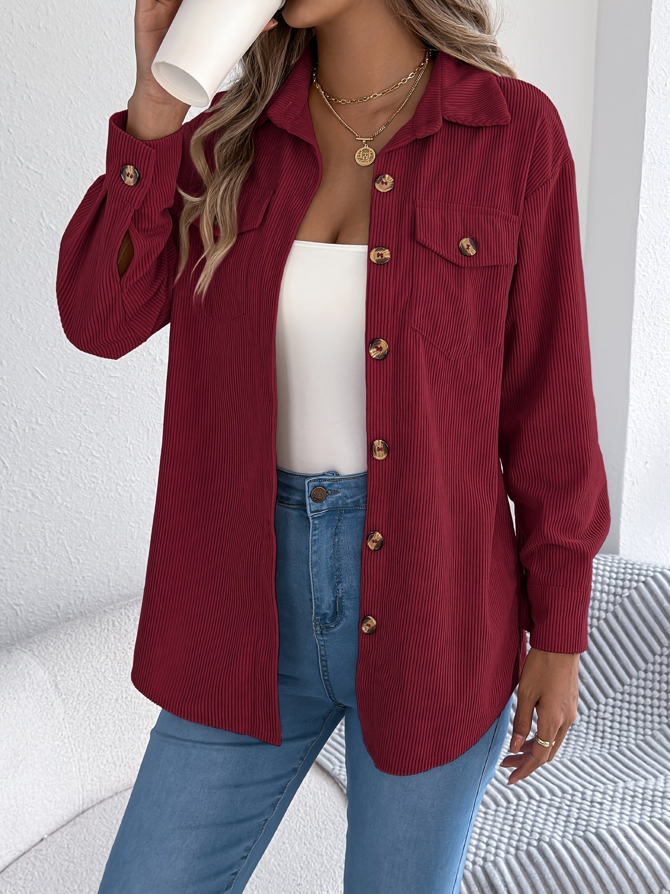 Casual Corduroy Jacket for Women – Long Sleeves and Classic Collar, Perfect for Fall and Winter