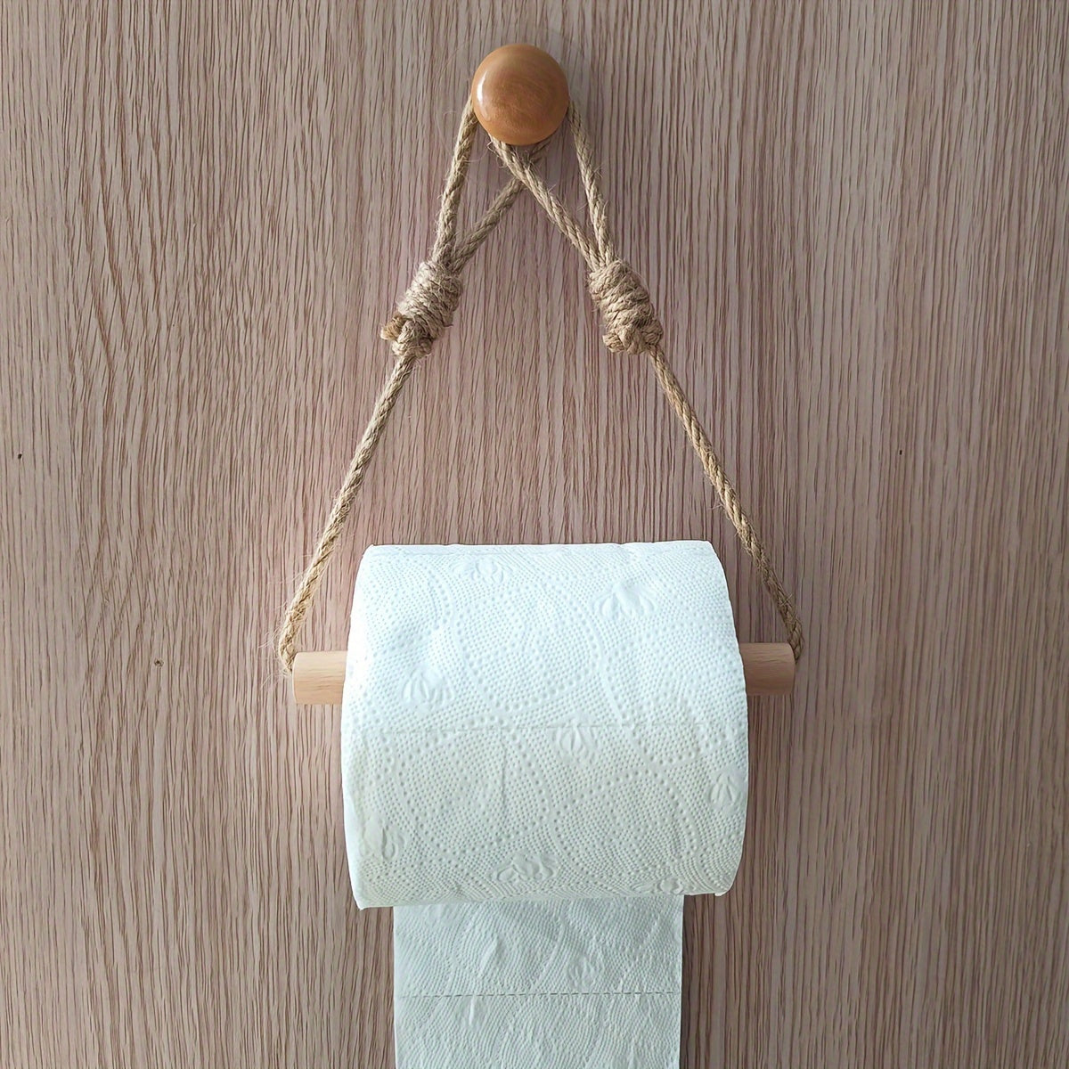Rustic Toilet Paper Holder – Macramé Rope and Wooden Rod for Bathroom