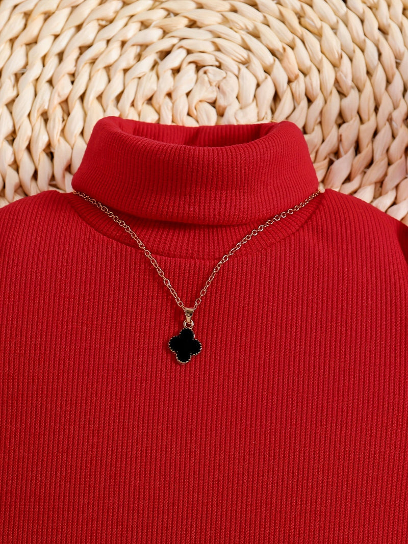 Feline Elegant Turtleneck Outfit for Kids - Checkered Skirt and Sweater Set