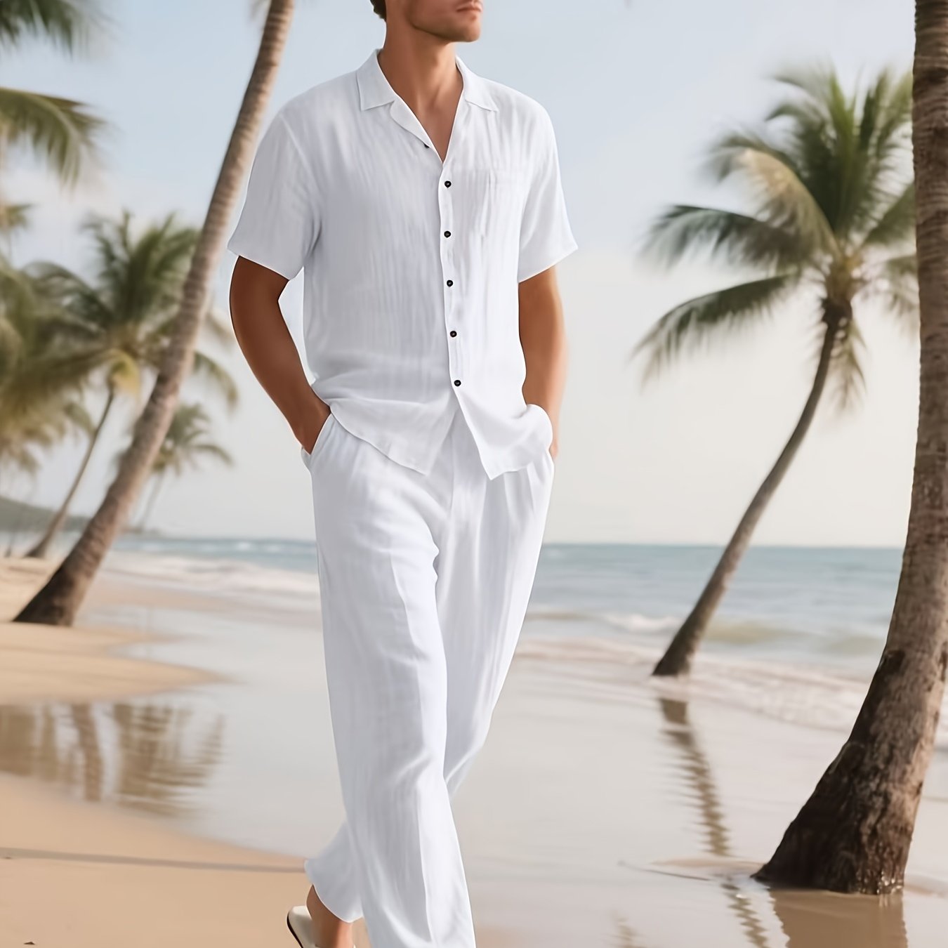 Men's Casual Linen Set – Comfortable and Breezy with Long Pants and Short Sleeves