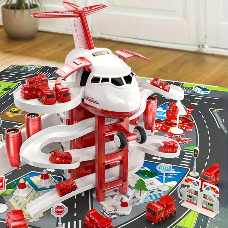 AdventurePlay Airplane & Fire Truck Playset - Race Track and Garage for Kids