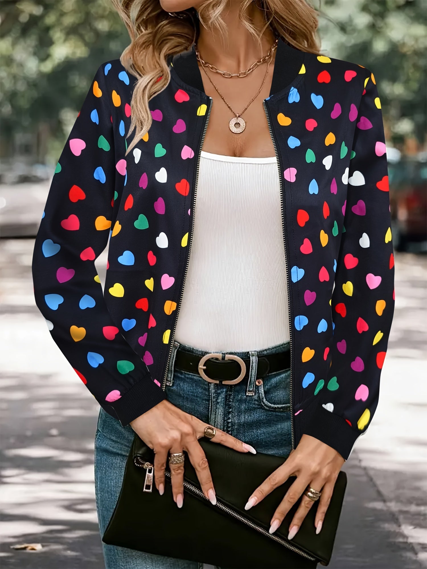 Joyful Hearts Bomber Jacket – Stylish and Comfortable Zip-up Jacket for Spring and Autumn