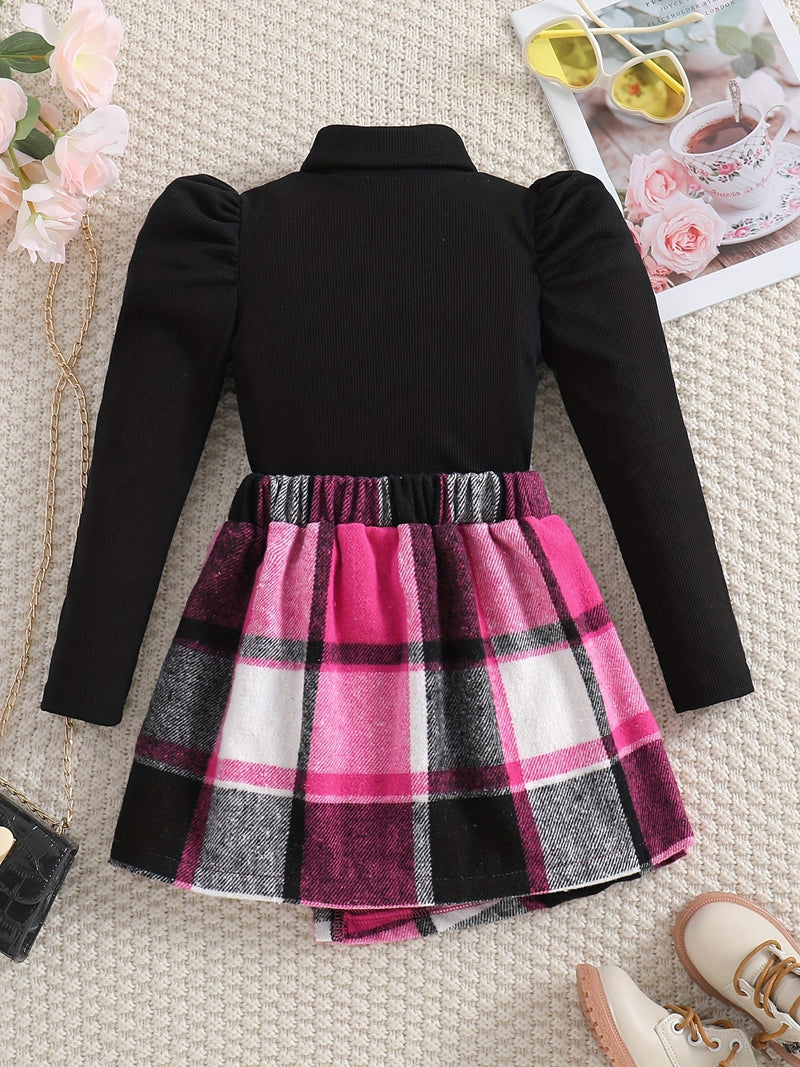 Feline Elegant Turtleneck Outfit for Kids - Checkered Skirt and Sweater Set