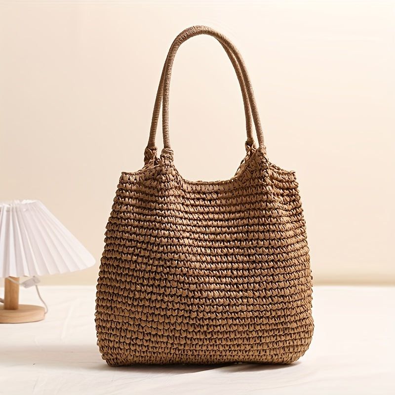 Ladies Large Capacity Woven Tote Bag with Zipper