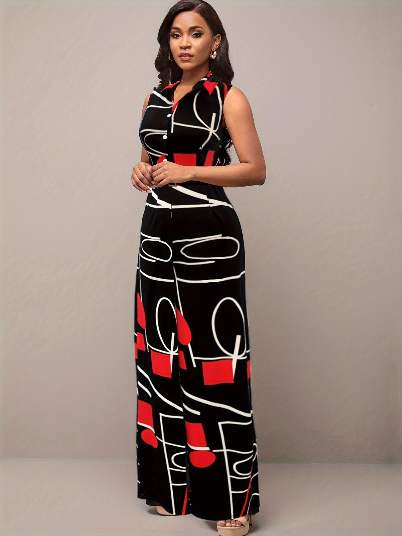 Elegant Geometric Printed Jumpsuit – Wide Legs and Belt for Parties and Casual Wear