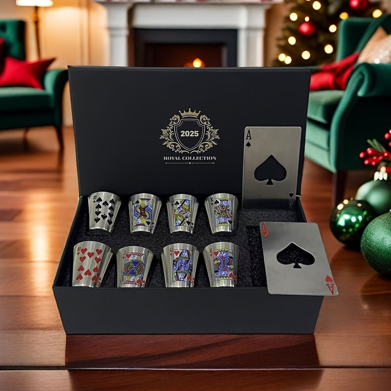 Royal Playing Card Whiskey Glass Set – Stainless Steel & Bottle Openers