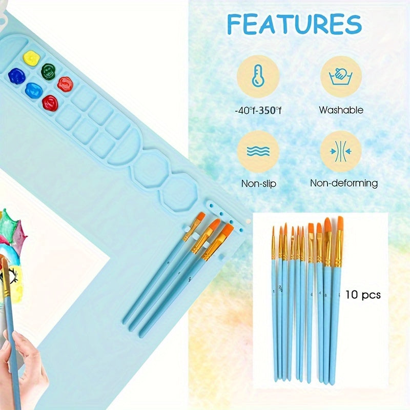Silicone Painting Mat with Palette and Brush Holder – Durable and Flexible