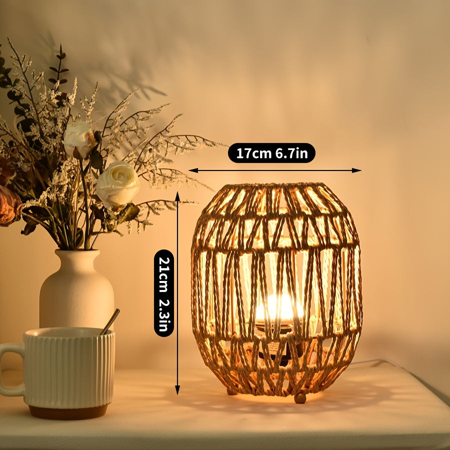 Bohemian Rattan Table Lamp – Handmade Light Accent for Bedroom or Living Space