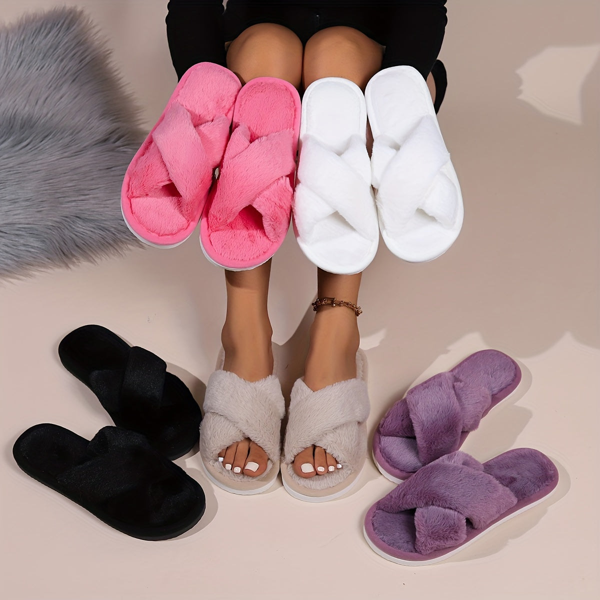 Ladies Plush Slip-On Slippers - Luxe Comfort with Anti-Slip