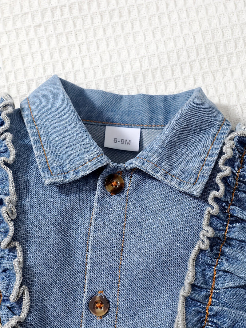Denim Dreamcatcher Romper for Children – Playful Ruffles and Edgy Details