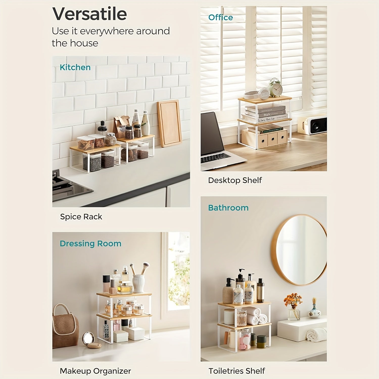 2-Piece Adjustable Bamboo Storage Racks – Stylish and Space-Saving for Cabinets or Countertops