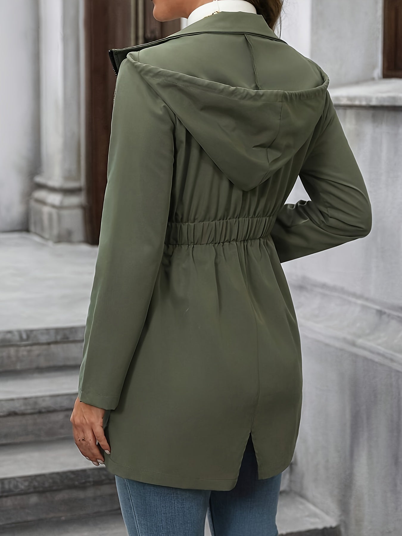 Casual Mid-Length Jacket with Hood and Waistband – Suitable for Weekends and Casual Days