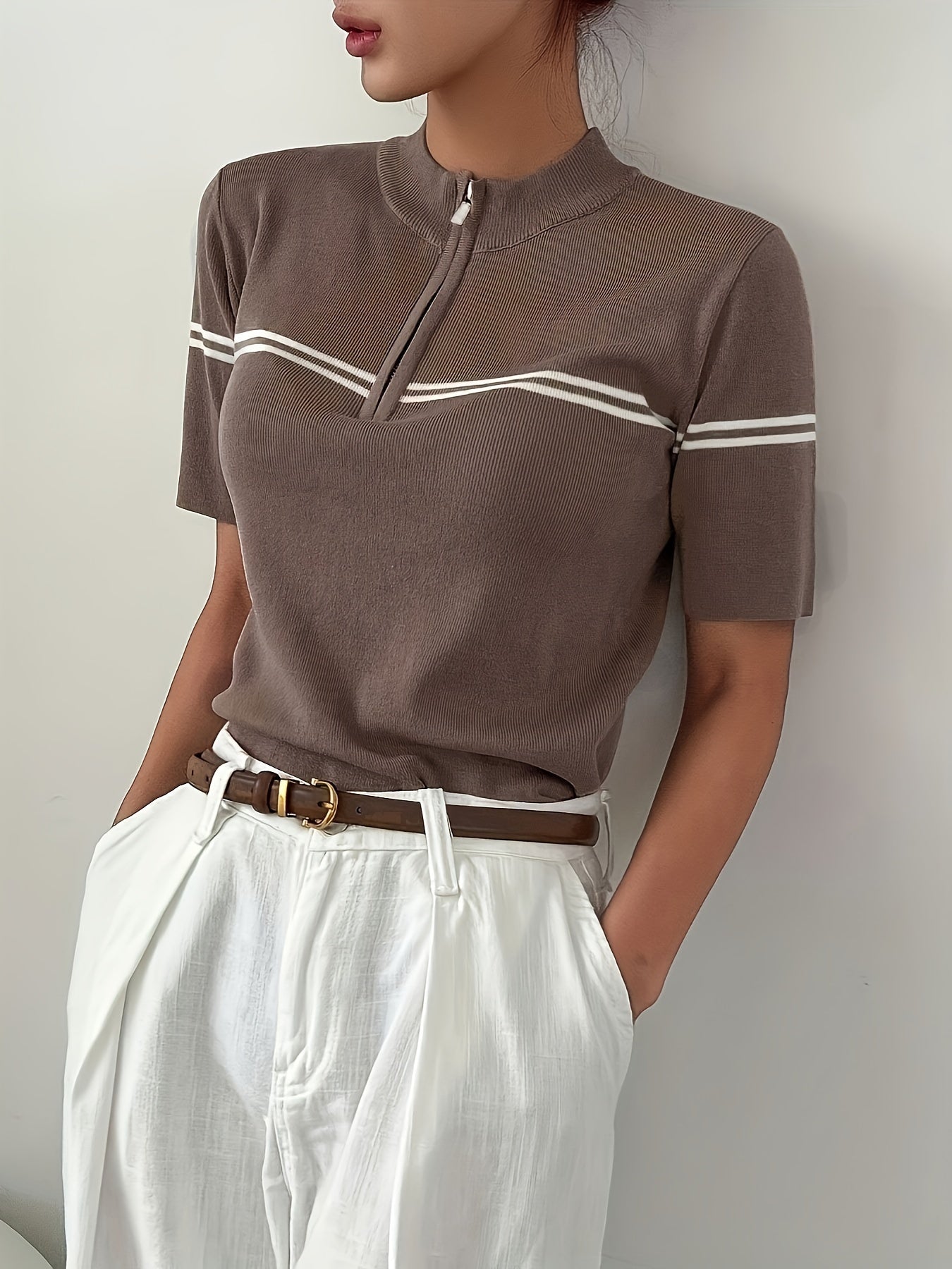 Ladies Striped Polo Shirt with Zipper Detail – Lightweight Summer Casual Top