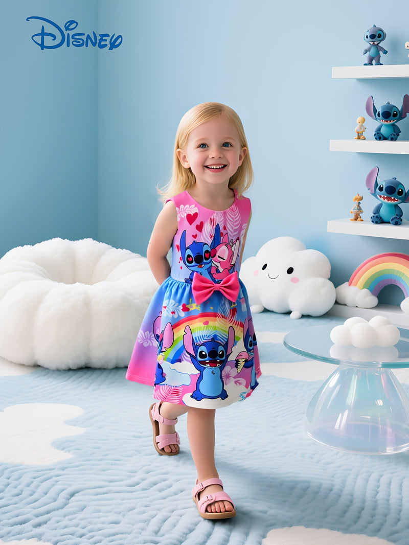 Disney Stitch Girls Sleeveless Round Neck Dress with Bow & Floral Print - Lightweight Polyester Spandex
