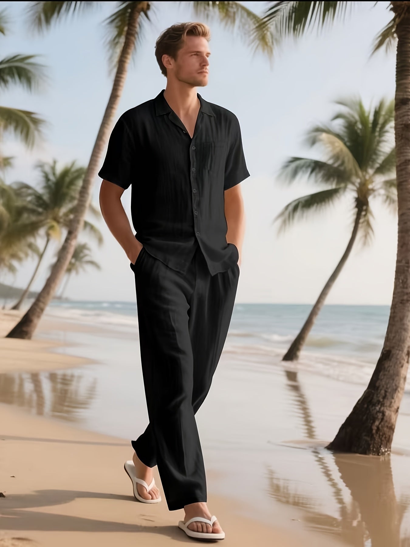 Men's Casual Linen Set – Comfortable and Breezy with Long Pants and Short Sleeves