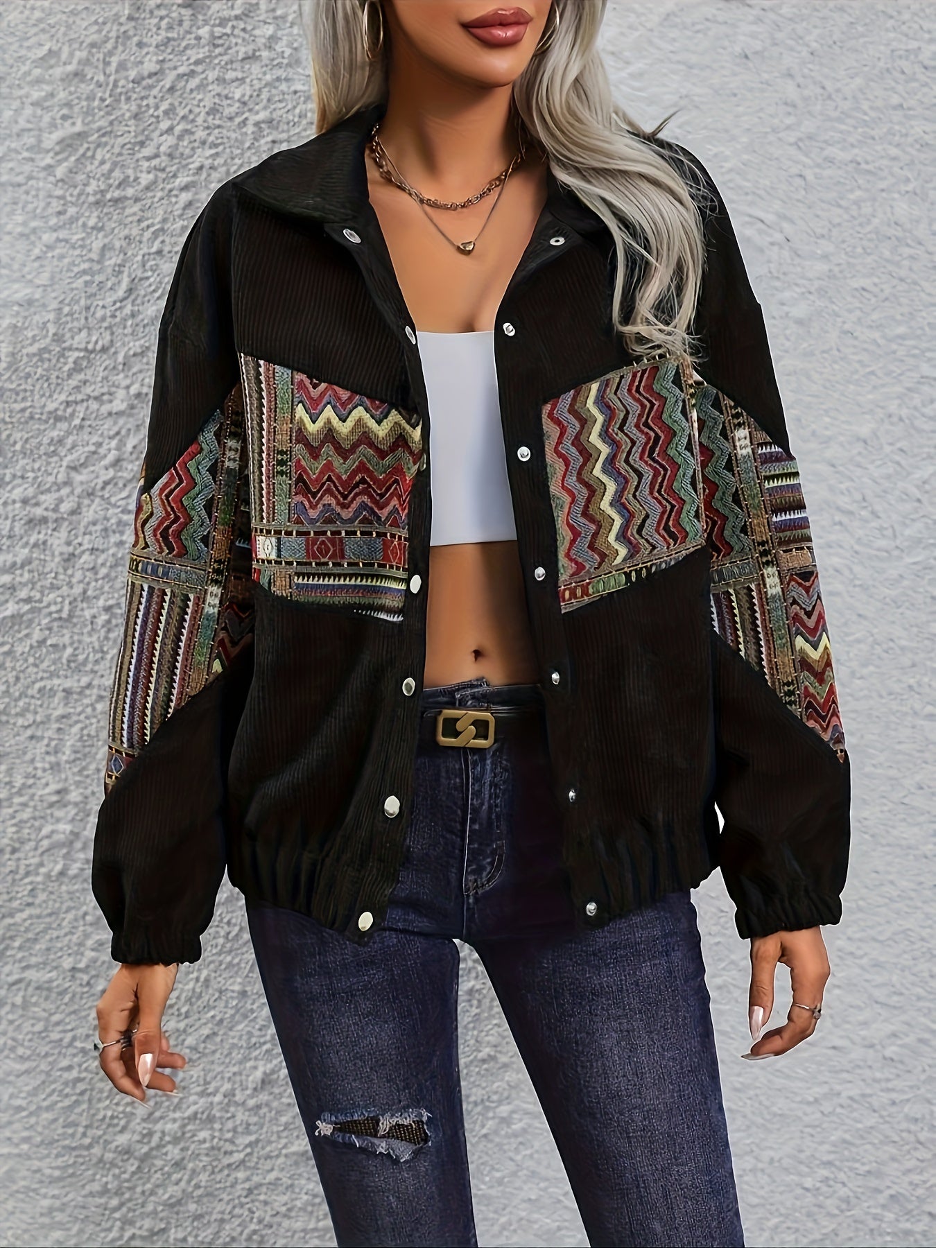 Tribal Print Corduroy Jacket – Cheerful and Stylish for Spring and Autumn